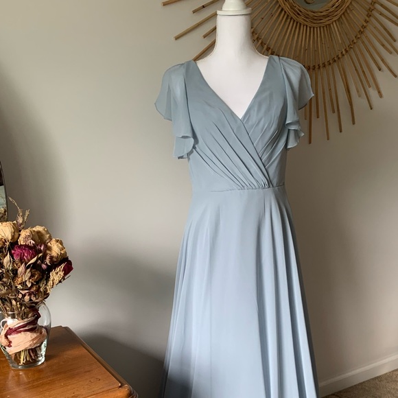 Dusty Blue Long Flutter Sleeve Dress - Picture 5 of 12